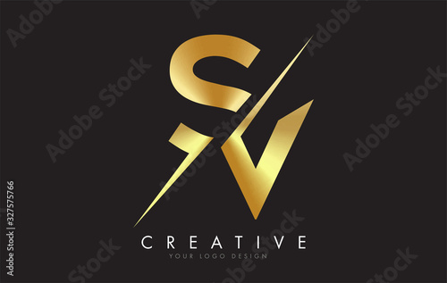 SV S V Golden Letter Logo Design with a Creative Cut.