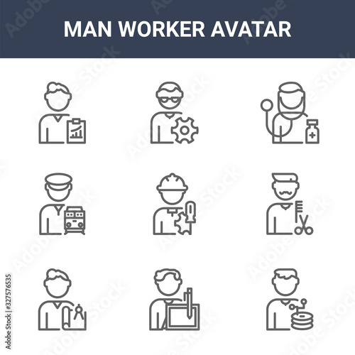 9 man worker avatar icons pack. trendy man worker avatar icons on white background. thin outline line icons such as web administrator, hairdresser, technician . man worker avatar icon set for web