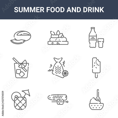 9 summer food and drink icons pack. trendy summer food and drink icons on white background. thin outline line icons such as frozen yogurt, ice cream, bruschetta . summer food and drink icon set for