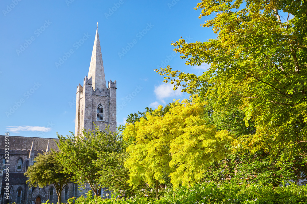 St Patrick's Cathedral spire and St Patrick's Park in Dublin City, Ireland
