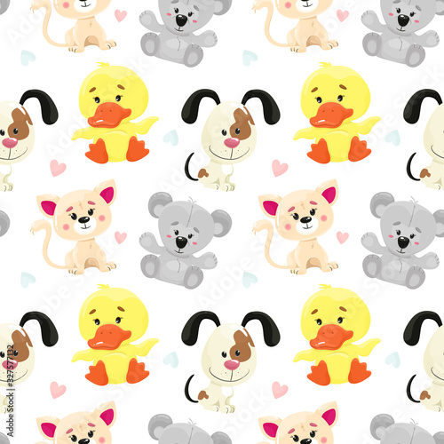 Seamless pattern with cute animals  puppy  kitten  teddy bear and duckling. Vector pattern in cartoon style.