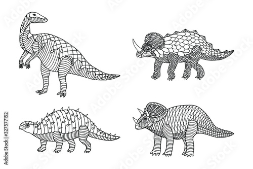 set of dinosaurs with a decorative pattern. coloring book. eps10 vector stock illustration. hand drawing. out line.