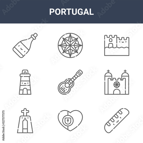 9 portugal icons pack. trendy portugal icons on white background. thin outline line icons such as bread, cathedral, compass . portugal icon set for web and mobile.