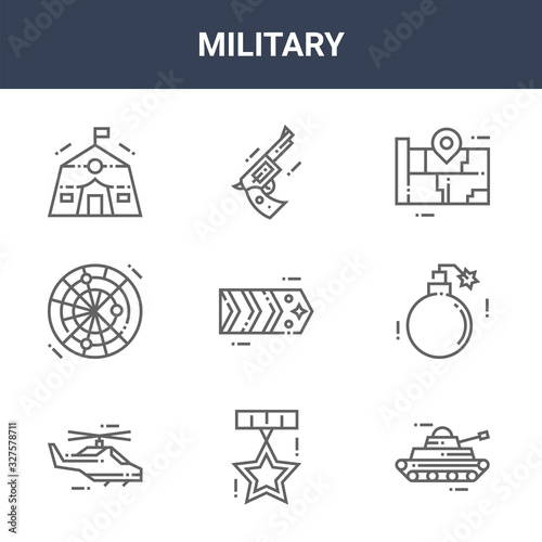 9 military icons pack. trendy military icons on white background. thin outline line icons such as tank, grenade, pistol . military icon set for web and mobile. photo