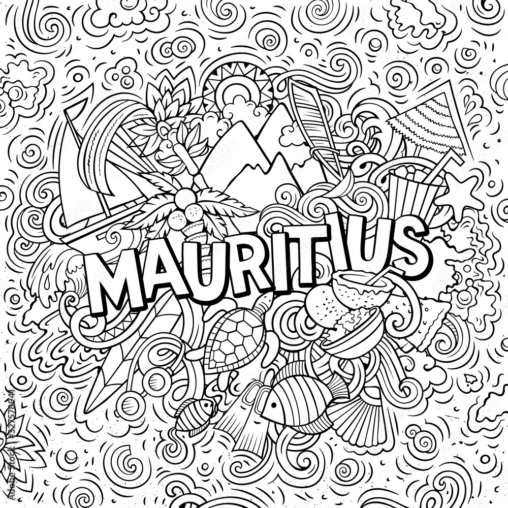 Mauritus hand drawn cartoon doodles illustration. Funny travel design.