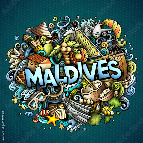 Maldives hand drawn cartoon doodles illustration. Funny travel design.