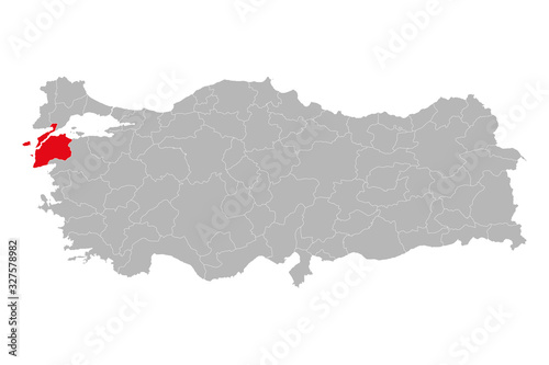 Canakkale province marked red color on turkey map vector. Gray background.