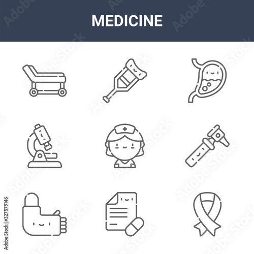 9 medicine icons pack. trendy medicine icons on white background. thin outline line icons such as pink ribbon, otoscope, crutch . medicine icon set for web and mobile.