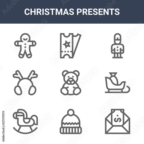 9 christmas presents icons pack. trendy christmas presents icons on white background. thin outline line icons such as money, sleigh, ticket . christmas presents icon set for web and mobile.