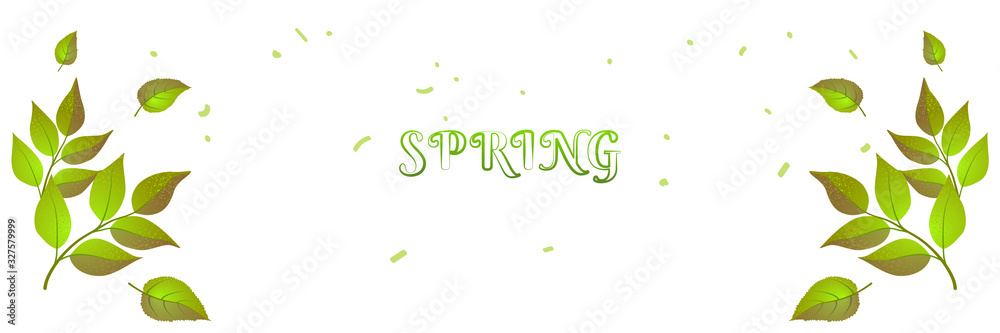 Spring header green brunches and text for web backdrop. Summer color banner, Nature cover background. Fresh Horizontal poster template. Eco design vector isolated illustration. Springtime concept Spring header green brunches and text for web backdrop. Summer color banner, Nature cover background. Fresh Horizontal poster template. Eco design vector isolated illustration. Springtime concept