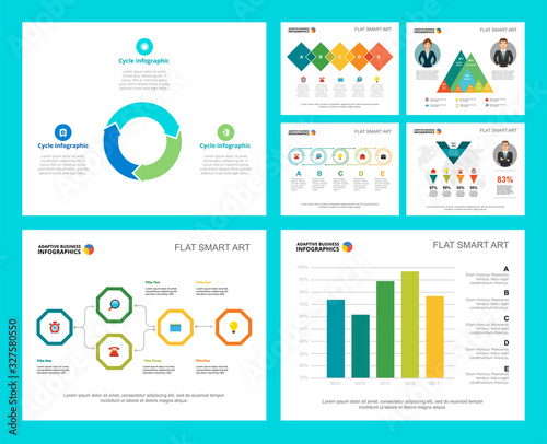 Colorful finance or research concept infographic charts set. Business design elements for presentation slide templates. Can be used for financial report, workflow layout and brochure design.