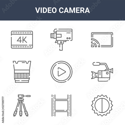 9 video camera icons pack. trendy video camera icons on white background. thin outline line icons such as brightness and contrast, video camera, super . icon set for web and mobile.