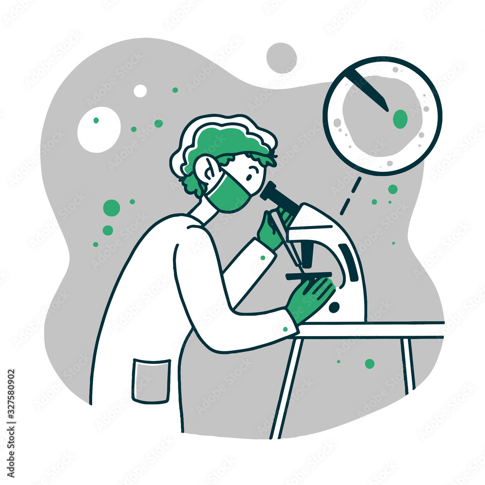 Lab worker doing research. Scientist using microscope, studying microbe or virus flat vector illustration. Laboratory, chemistry, medical test concept for banner, website design or landing web page