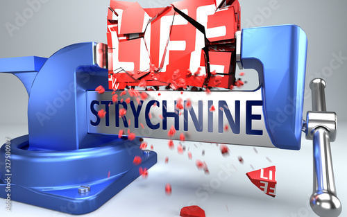 Strychnine can ruin and destruct life - symbolized by word Strychnine and a vice to show negative side of Strychnine, 3d illustration
