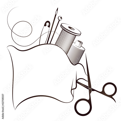Sewing and cutting scissors and thread symbol for tailor business