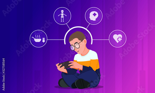 Little boy with smartphone sitting, gadget addiction concept flat vector illustration. Kid's dependence on a smartphone, gadget or the Internet. Brain and mobile phone technology.