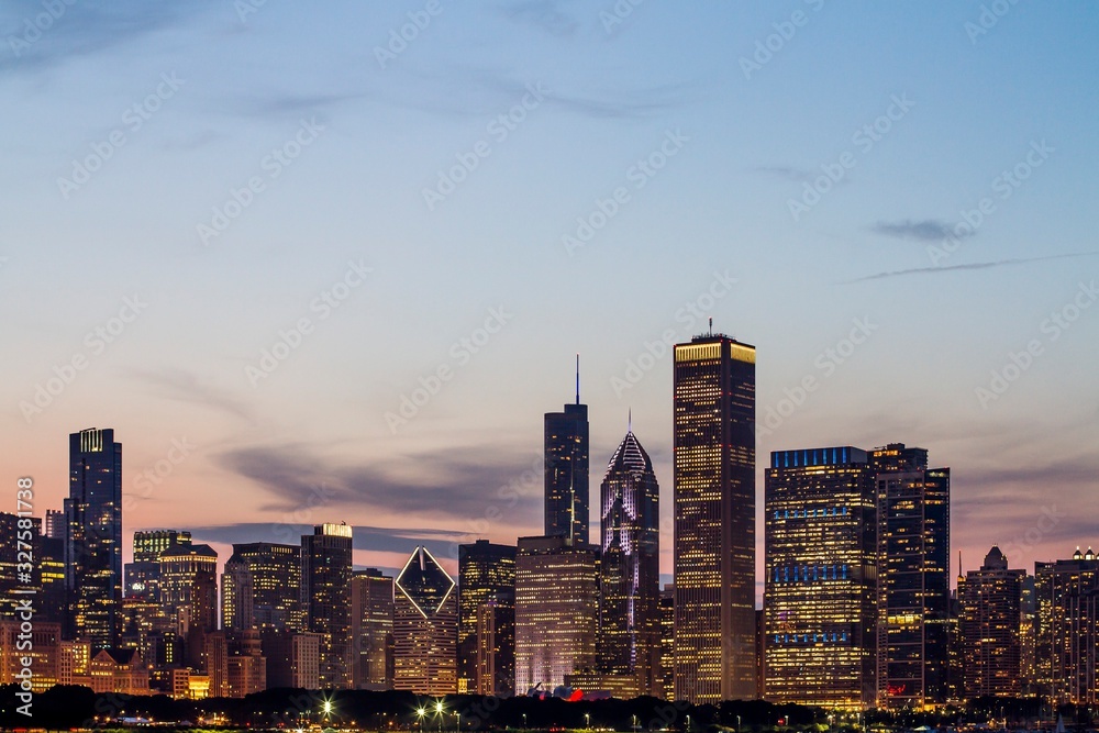 Beautiful view of Chicago skyline at twilight, Illinois, USA