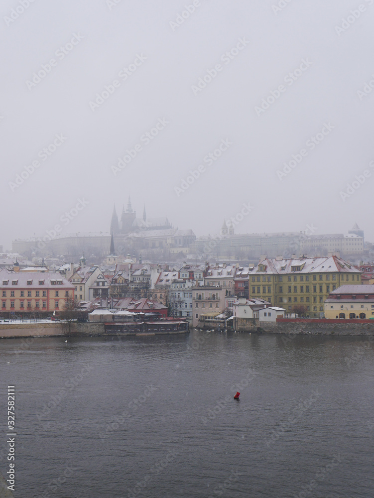Winter view of river prague czech republic europe foggy