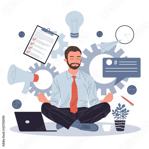 Business man meditating and relaxing in lotus position vector illustration. Office man practicing stress relief at workplace. Employee practicing mindfulness meditation and yoga in noisy office