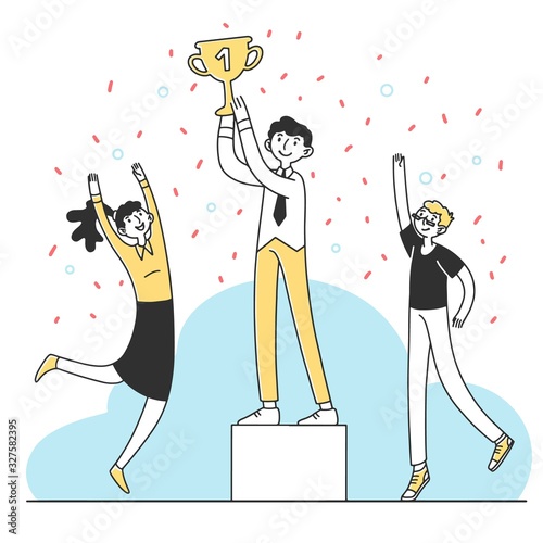 Worker winning best employee cup flat vector illustration. Happy people and their leader celebrating success. Office champion holding golden cup. Successful business people and career victory concept.