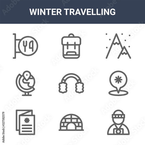 9 winter travelling icons pack. trendy winter travelling icons on white background. thin outline line icons such as tourist, map marker, backpack . winter travelling icon set for web and mobile.