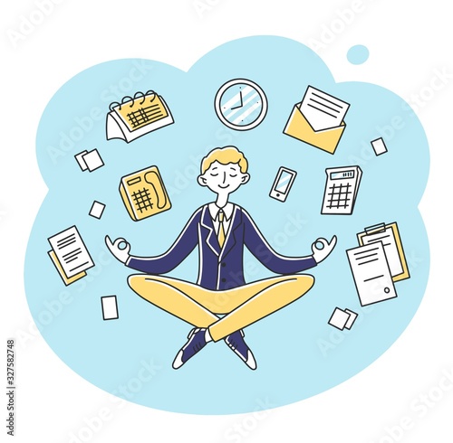 Businessman meditating at workplace flat vector illustration. Entrepreneur character practicing Zen with office icons on background. Relaxing, concentration and stress relief concept.