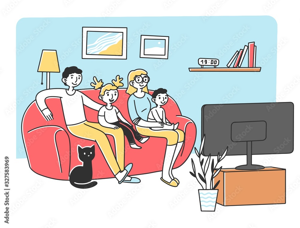 Happy young family watching TV at sofa flat vector illustration. Mother,  father, and kids relaxing at home together. Cartoon people in living room  watching movie. Entertainment and lifestyle concept. Stock Vector |