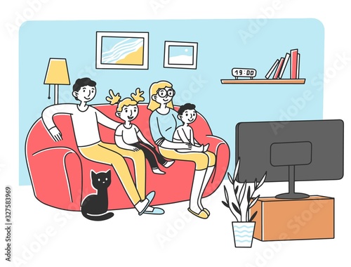Happy young family watching TV at sofa flat vector illustration. Mother, father, and kids relaxing at home together. Cartoon people in living room watching movie. Entertainment and lifestyle concept.