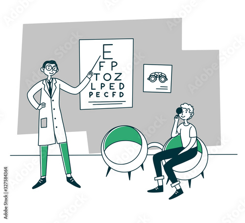 Patient visiting ophthalmologist. Young man checking up eyesight flat vector illustration. Examination, healthcare, vision concept for banner, website design or landing web page