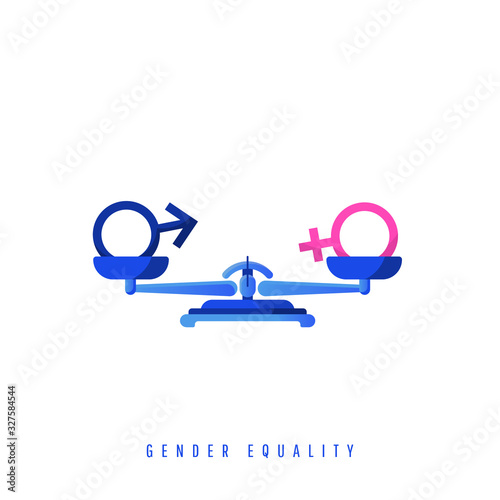 Gender equality concept. Gender balancing symbols on metal mechanical scales isolated on white background. Creative composition of equal pay, social status. Vector illustration in a flat style.