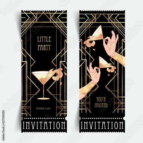 Female hand holding cocktail glass with splash. Art deco (1920's style) vintage invitation template design for drink list, bar menu, glamour event, thematic wedding, jazz party flyer. Vector art.