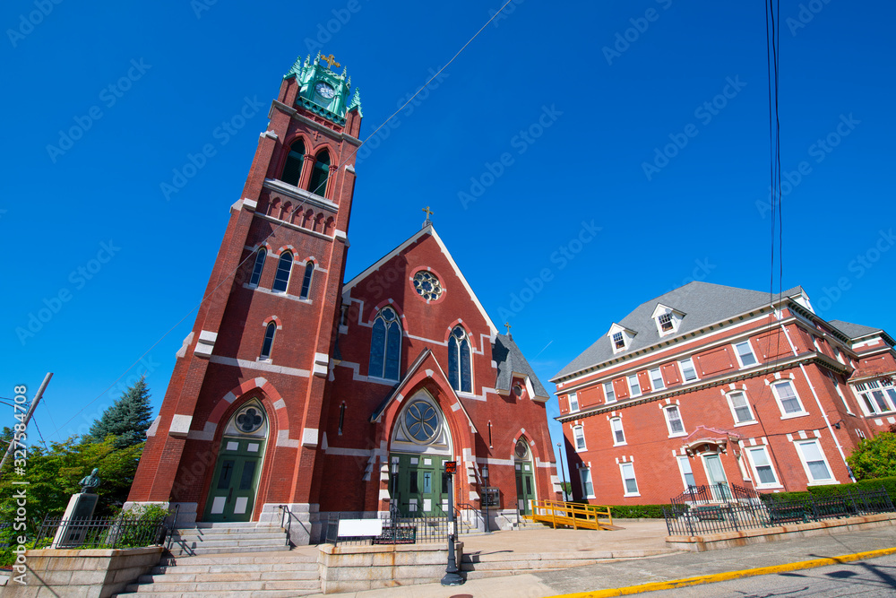 Obraz premium Woonsocket Precious Blood Church in downtown Woonsocket, Rhode Island RI, USA. This church is a historic Roman Catholic Church built in 1873 on 94 Carrington Avenue.