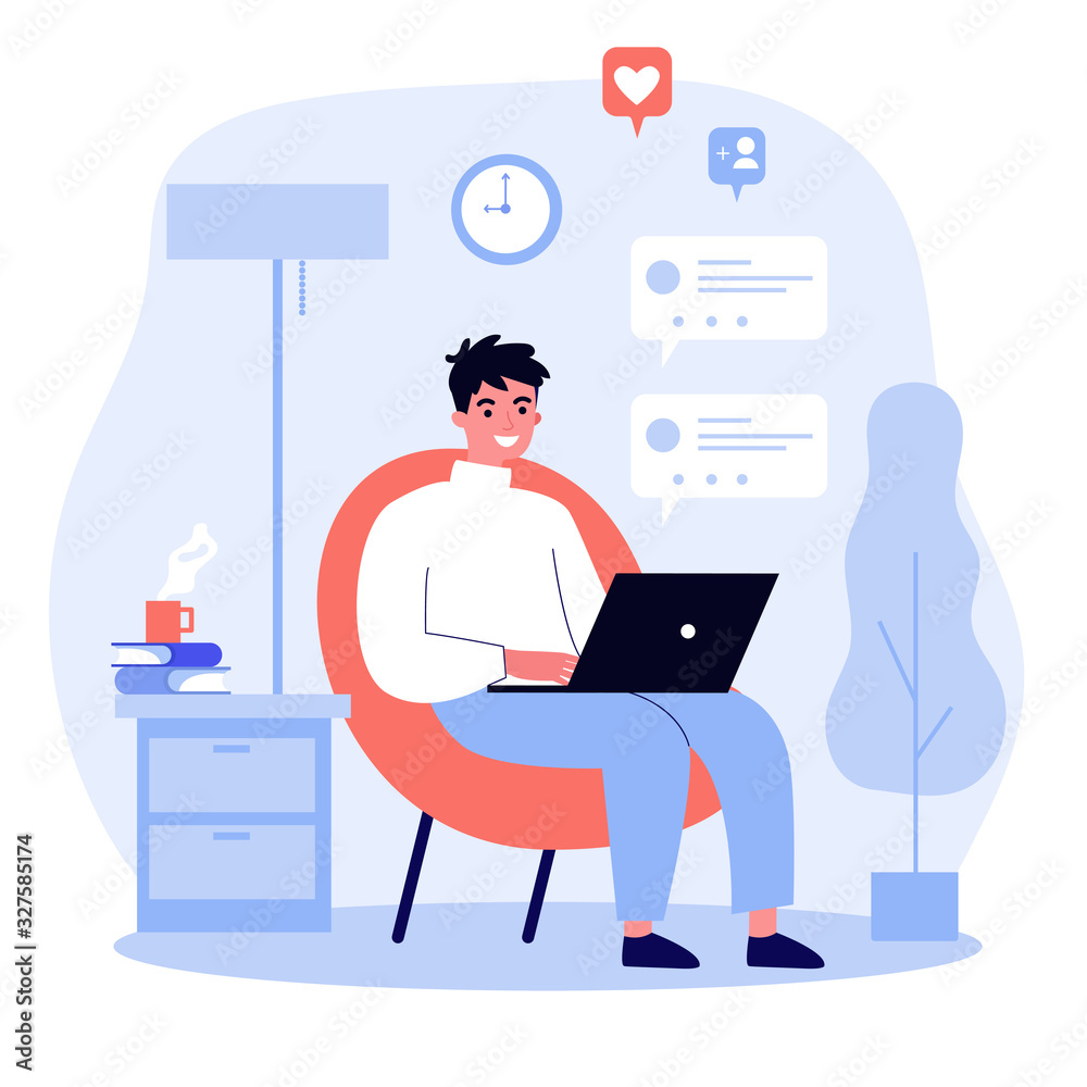 Young man online chatting. Cartoon young man sitting at a table and chatting  online with friends using laptop Stock Vector Image & Art - Alamy