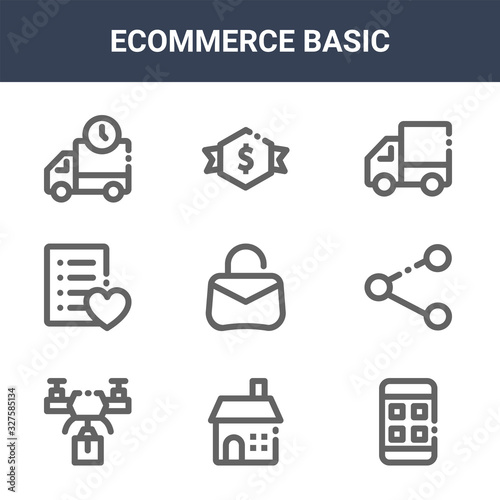9 ecommerce basic icons pack. trendy ecommerce basic icons on white background. thin outline line icons such as mobile app, share, dollar . ecommerce basic icon set for web and mobile.
