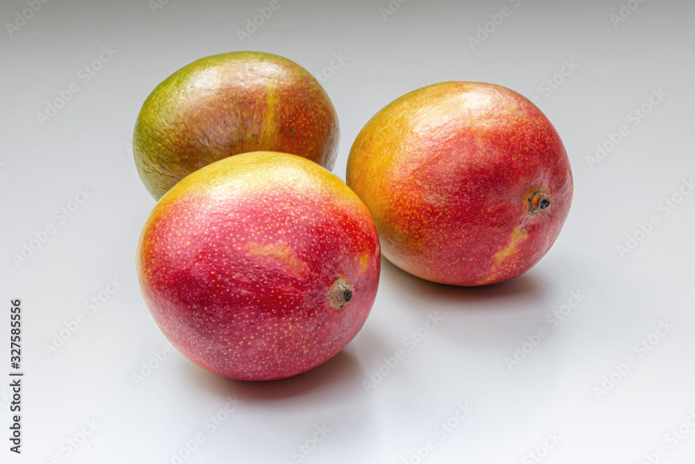 Ripe, juicy tropical mangoes on a light gray surface Ripe, juicy tropical mangoes on a light gray surface