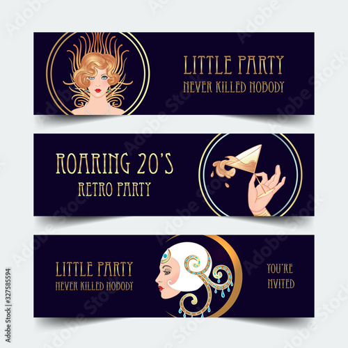 Female hand holding cocktail glass with splash. Art deco (1920's style) vintage invitation template design for drink list, bar menu, glamour event, thematic wedding, jazz party flyer. Vector art.