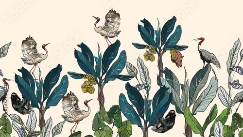 Wallpaper Mural Panorama Landscape Seamless Border Navy Blue Palms with Cranes and Sloth without Earth Torontodigital.ca