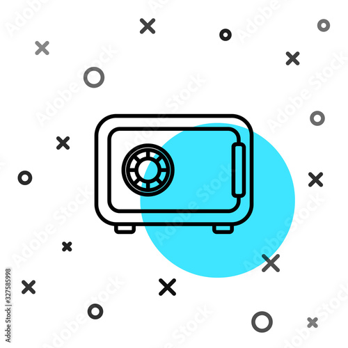 Black line Safe icon isolated on white background. The door safe a bank vault with a combination lock. Reliable Data Protection. Random dynamic shapes. Vector Illustration