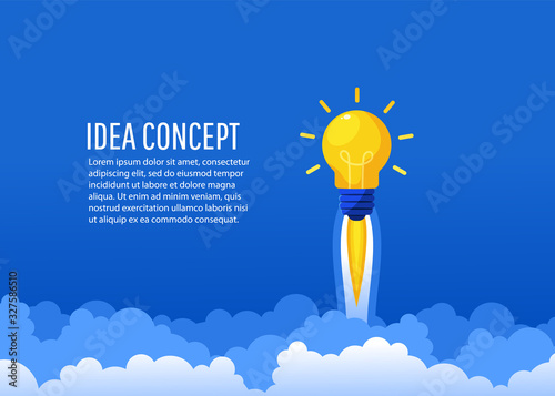 Creative idea. Bright luminous bulb in the form of a rocket flies up with text. Startup, Brainstorm, creating a new concept, flat lay style, vector illustration