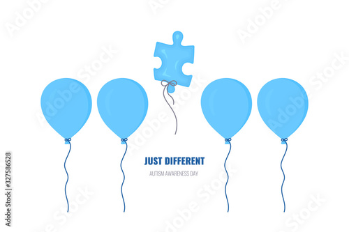Autism disorder awareness poster. Puzzle balloon flying away from the row of round balloons. Standing out of the crowd. Solidarity vector illustration in cartoon style. Healthcare and medical concept.