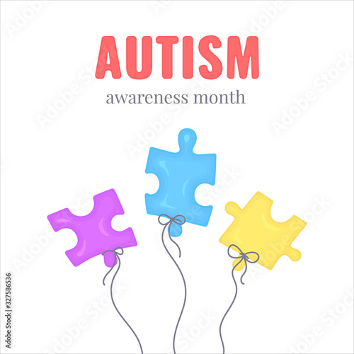 Autism disorder awareness poster of three jigsaw puzzle balloons on white background. Solidarity and support vector illustration in cartoon style. Healthcare and medical concept.