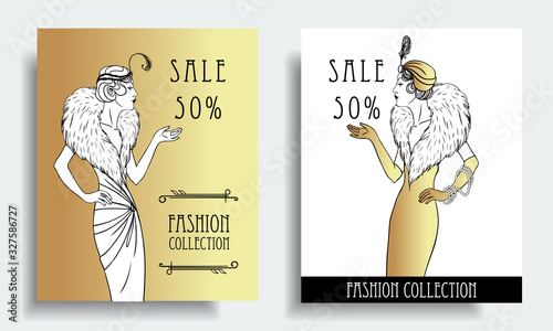 Art Deco vintage invitation template design. patterns and frames. Retro party geometric background set (1920's style). Vector illustration for glamour event, thematic wedding or jazz party.