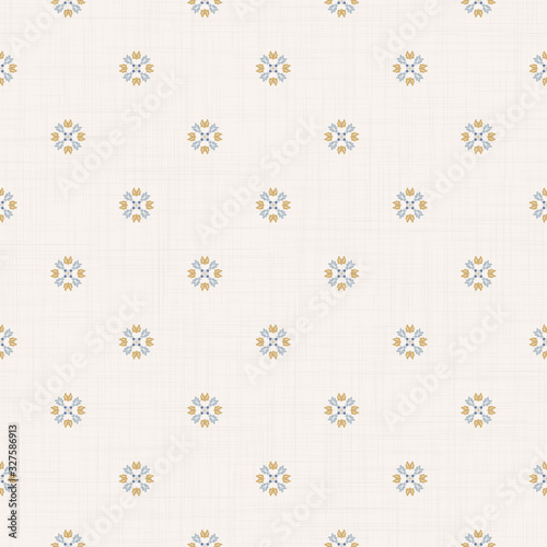 Seamless daisy pattern in french blue linen shabby chic style. Hand drawn floral damask texture. Old white blue background.  Interior wallpaper home decor swatch. Ornate flourish motif all over print