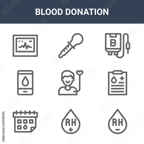 9 blood donation icons pack. trendy blood donation icons on white background. thin outline line icons such as platelet, medical history, edema . blood donation icon set for web and mobile.