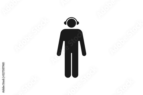 Silhouette of a man wearing headphones on a white background. Sign of the use of headphones. Hearing protection. DJ's room. The pattern on the clothes.