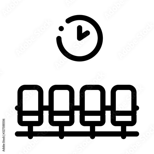 Airport Waiting Room Chairs Icon Thin Line Vector. Airport Wait Flight Seats And Clock Concept Linear Pictogram. Passengers Monochrome Outline Sign Isolated Contour Symbol Illustration