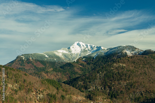 soft focus Alps mountains picturesque central European landscape scenic view spring time lonely snowy peak gorgeous nature