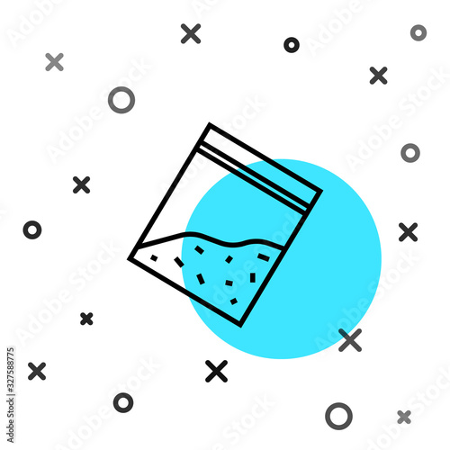 Black line Plastic bag of drug icon isolated on white background. Health danger. Random dynamic shapes. Vector Illustration
