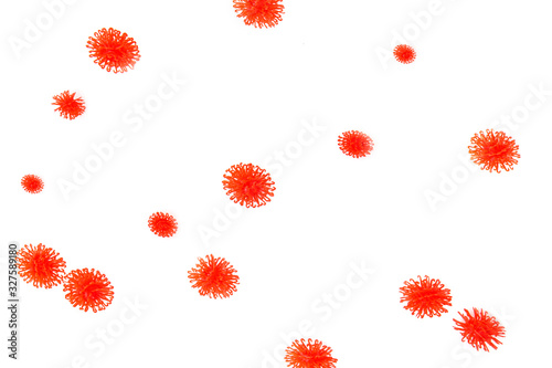 Abstract virus strain model of MERS-Cov or middle East respiratory syndrome coronavirus and Novel coronavirus 2019-nCoV on gray background. Flat lay.