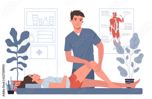 Massage therapist office. Man massaging woman leg and knee flat vector illustration. Sport massage, lifestyle, medicine concept for banner, website design or landing web page